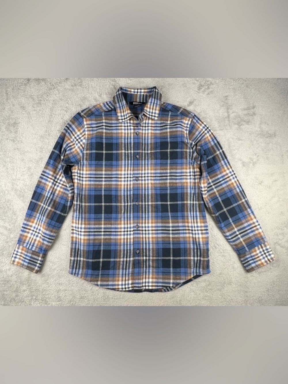 Eddie Bauer Flannel Shirt Mens S Blue Brown Glen Plaid Button Long Sleeve EUC